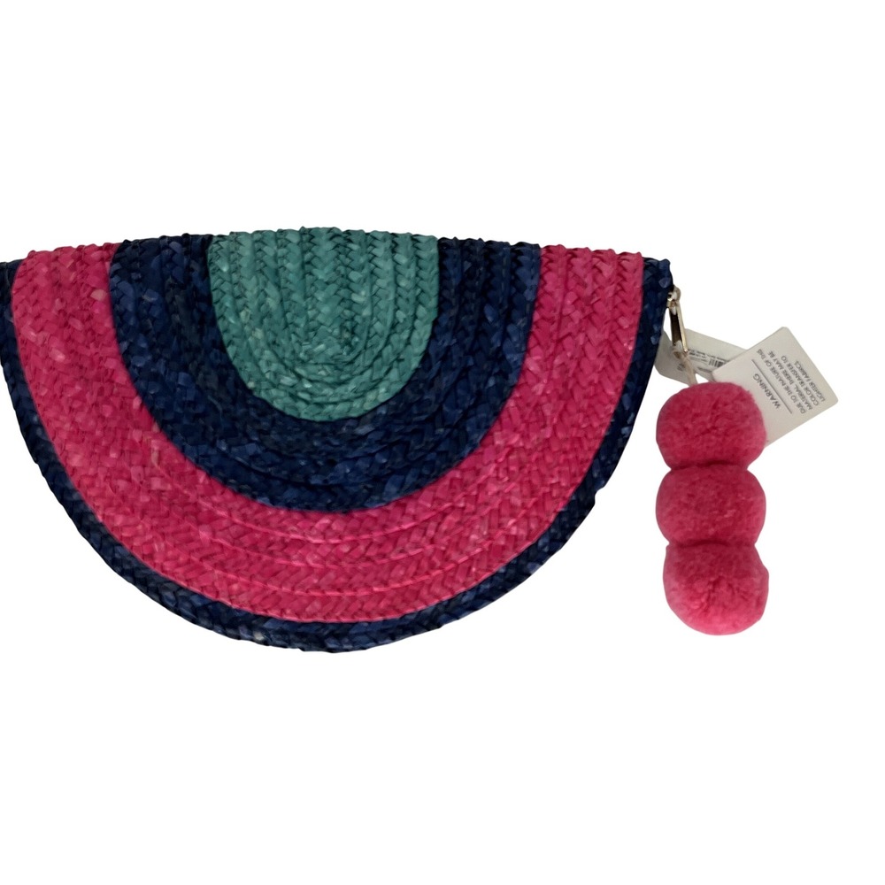 Bahama Babe Rainbow Straw Clutch PomPom Wristlet Blue Pink Dopamine Beach Resort